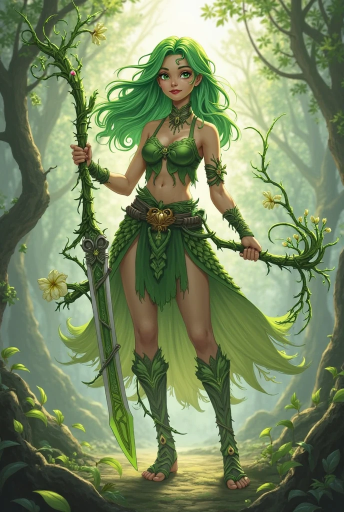 in jungle,A defeated woman,Long blonde green hair,Green eyes,Yellow broken armor,spread their legs,The whole body is covered with tattoos
