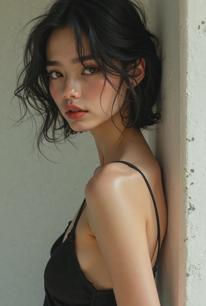 Ultra-realistic), (shape), (High resolution), (8k), (Very detailed), (Best shape), (Fine and beautiful eyes), (highest quality), (Super detailed), (masterpiece), (wallpaper), (Detailed face), Droopy eyes, Sweaty, Upper body close-up, Underarm, short hair, Inner Color, A girl wearing a simple white tank top, Beautiful Japanese, Dark Eyes,,((Raise your arms behind your head))