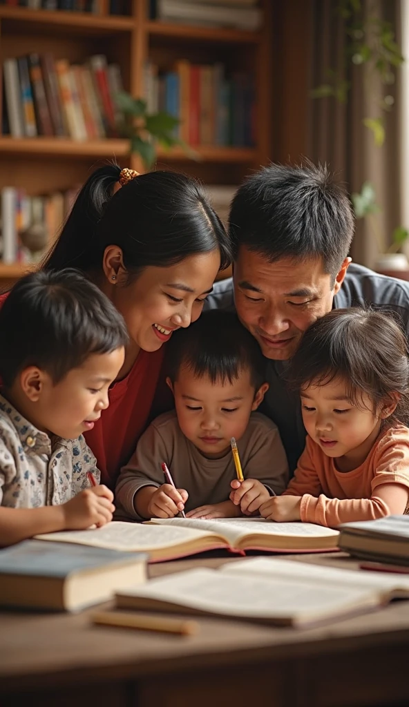 Create a picture that is with 6 children with a father and mother. the other 3 children are studying ang the other 3 children is helping to do chores. With mother and father together