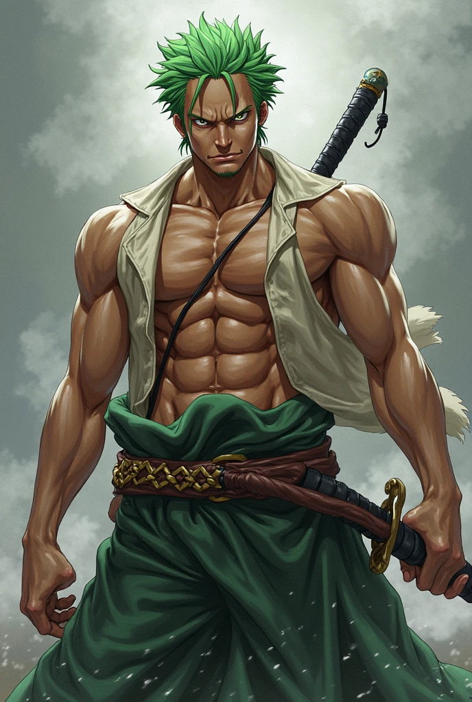 a hyper-realistic, extremely detailed and intricate portrait of Roronoa Zoro, a character from One Piece, wielding his signature 3 swords, captured with a Sony FE camera, dramatic lighting, cinematic composition, photorealistic, 8K resolution, HDR, high quality, digital art