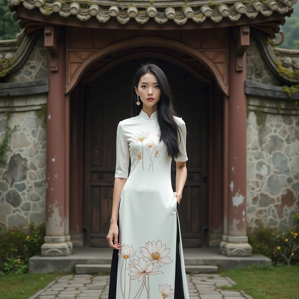 (8k, Ultra high resolution:1.1) , Elegant Vietnamese woman in her 20s, Wear a dress with a side knit and a tiger pattern., highlighting เหงียน's slender figure and graceful posture. High-resolution images capture detailed realism., highlighting เหงียน's captivating brown eyes, Beautiful, flawless skin, and long black hair. The backdrop of a tranquil garden with blooming lotus flowers adds to the timeless beauty and cultural richness of the image..