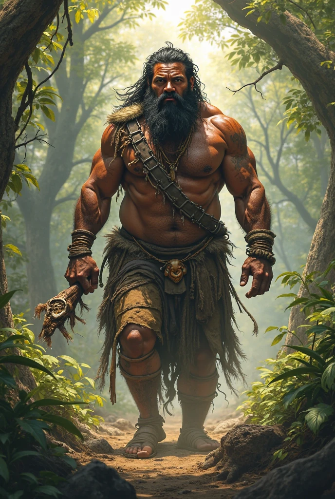 Indifena with a raised axe in one hand and a stone in the other