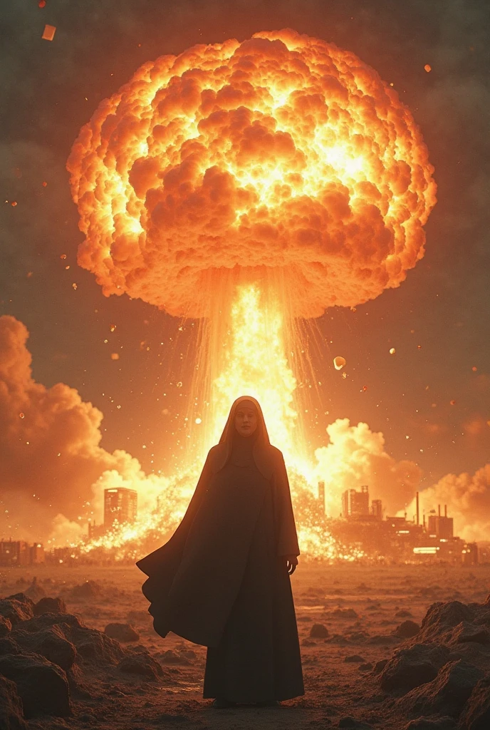 a woman with white hair activating an atomic bomb with red weather in a house with pictures of wolves and a strong hunter man