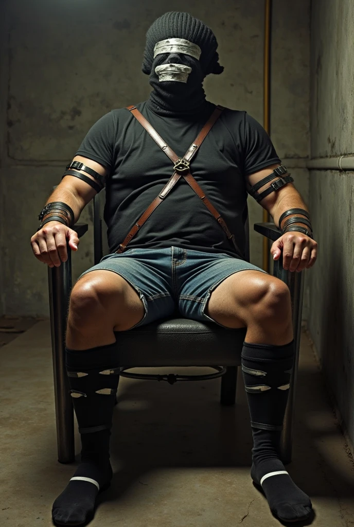 A bruised, sweaty, muscular, buzzcut, tattooed age boy shirtless in manacles, leg irons and wet shorts, wrapped tightly in chains, screams in pain in a dungeon