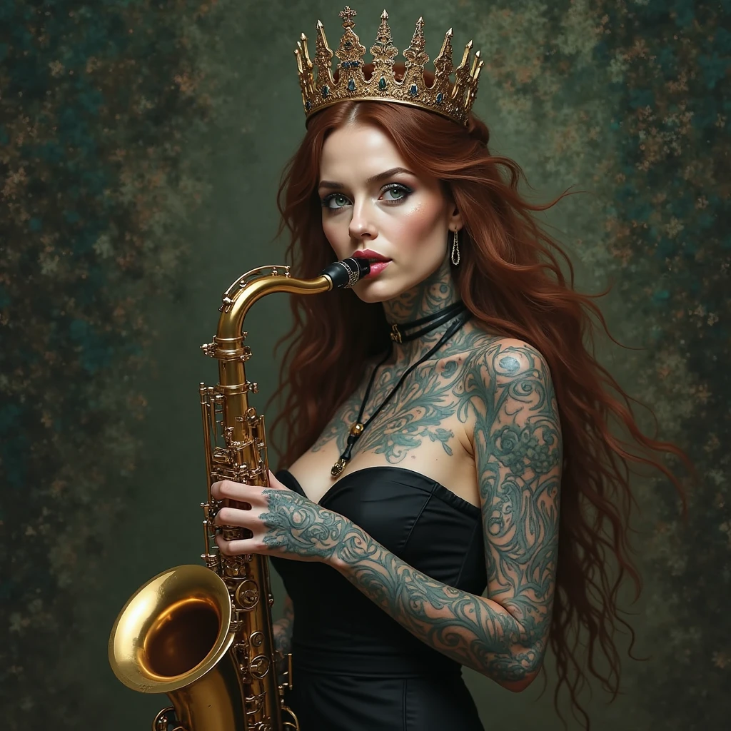 Beautiful grey-skinned vampire girl, named Irina, blond bright red curly hair, With a mysterious look, eyes glow with a yellow otherworldly light. Black gothic dress made of black silk. Saxophone in the hands of Irina. Upper body peeking.