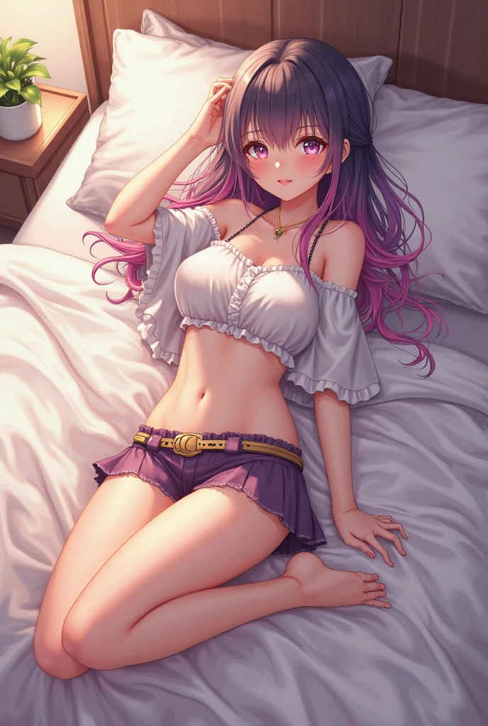 (Best Quality,High resolution,8K,finelity detailed background,Masterpiece:1.2),beautiful girl,Shiny purple hair,messy hair,Purple Eyes,Gentle look,A refreshing look,Best quality,Best Quality,Aesthetic and aesthetic:1.2,Best details((Super detailed))(High-definition CG illustrations),Pink underwear (pink,intricate lace),Slender body,Late Night,Moonlit Night,Bedroom,On the bed,smile,blush,cute,Scrounge,Looking up,Being spoiled,super model,wariza,shoot from above