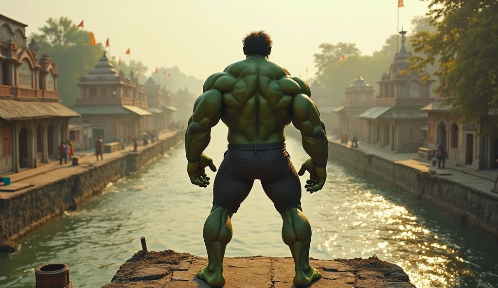 Green Hulk walking through the streets of ancient Bagan, Ultra-realistic, sunset, detailed, Bagan Temples, Cinematic,