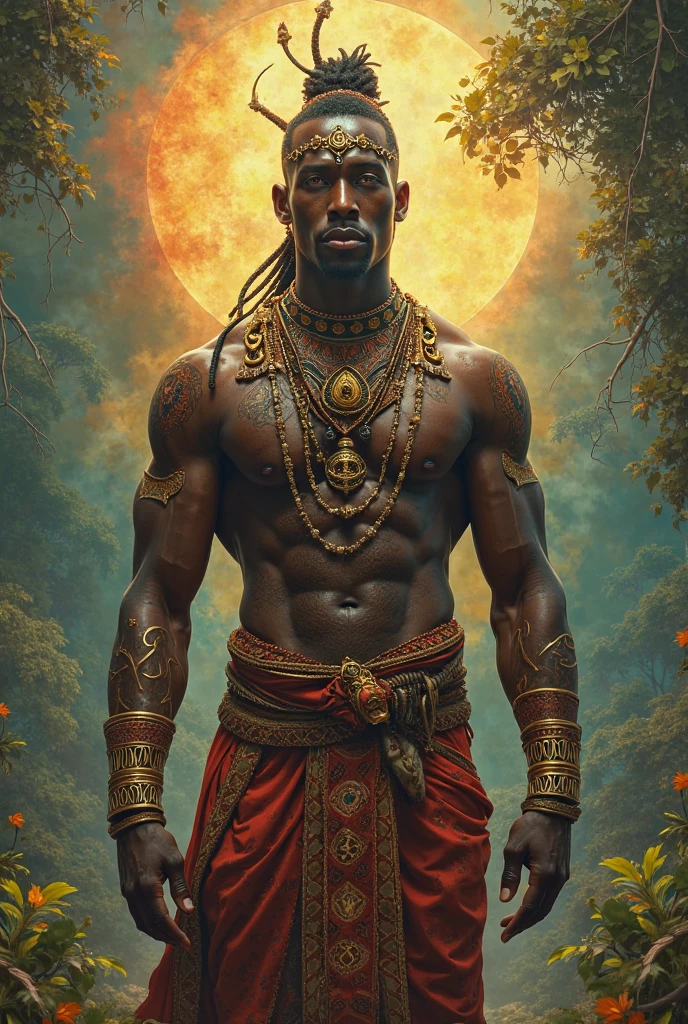 I am looking to generate a captivating 3D rendering (Professional: 1.3) that embodies the epitome of artistic realism (Realistic: 1.3). The subject is Sibola, an African warrior, King of Canyons, exuding strength and nobility.
Sibola, the King of Canyons, is envisioned standing tall, adorned in a regal ensemble blending beige and red hues. The attire should be intricate and detailed, showcasing the richness of African tribal garments (African Tribal Clothing: 1.4), meticulously utilizing varied fabrics. He has tightly coiled, Afro-textured hair.
The artistic approach leans towards impressionism and Afrofuturism, aiming for an 8K resolution (Realistic 8K Full Body Rendering: 1.3). The emphasis is on capturing fine skin pores, with dramatic lighting and heavy shading to accentuate every contour.
Sibola's visage should exude a maternal, cosmic deity-like aura, radiating a vibratory and realistic presence. This depiction should embody an amalgamation of Loïsh's ethereal touch (Loïsh: 0.23), Ilya Kuvshinov's artistry, Greg Rutkowski's complexity, and the decadence of Alphonse Mucha's work.
The lighting design incorporates global illumination, studiolight, and volumetric light, against a backdrop of a dark starry night (Dark Starry Night Background: 1.3). Additionally, elements like coastlines, floating particles, and a touch of fantasy will enhance the overall fantasy element.
The focus of the artwork is on intricate details (Complex: 1.4) and a decadent touch, maintaining a very high resolution (Very Detailed: 1.4). The execution will be akin to digital painting, utilizing octane rendering and art stations (Octane Render, Art Stations, Concept-Art: 1.3). The aesthetic should encapsulate smoothness and sharpness, akin to the essence of art's germination