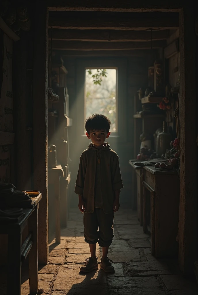 A beautiful poor boy sitting in old house