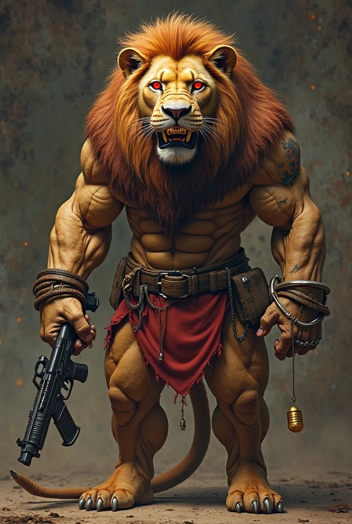A man with lion head holfing a gun