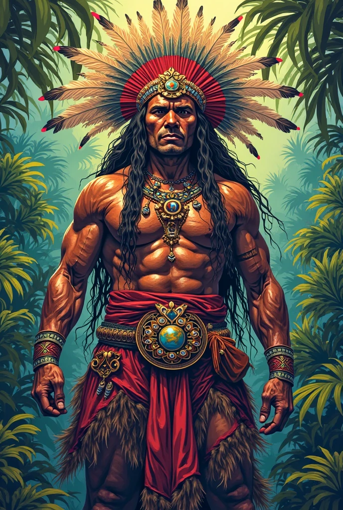 A burly man with Mexican features dressed as a jaguar warrior, a sun in the background with the face of an Aztec calendar, On the one hand, Mexican traditions such as the Day of the Dead and Independence Day, On the other side I want an agave and tequila crop