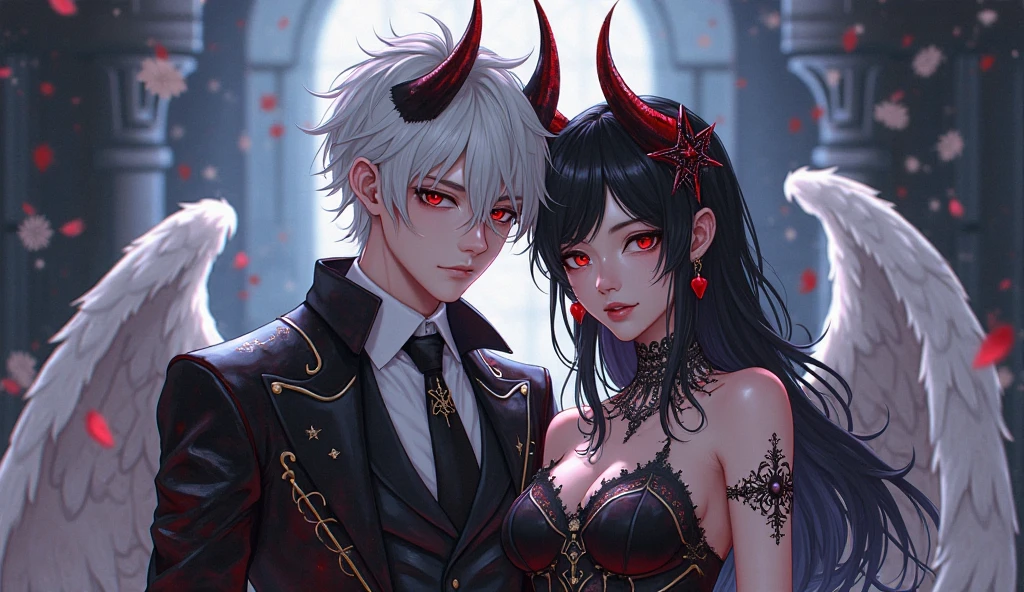 anime couple in front of a castle with a full moon, two anime handsome men, eros and thanatos, anime vampires, nixeu and sakimichan, handsome japanese demon boy, sakimichan and frank franzzeta, dapper dream demon, fit male demon with white horns, wlop and sakimichan, zerochan art