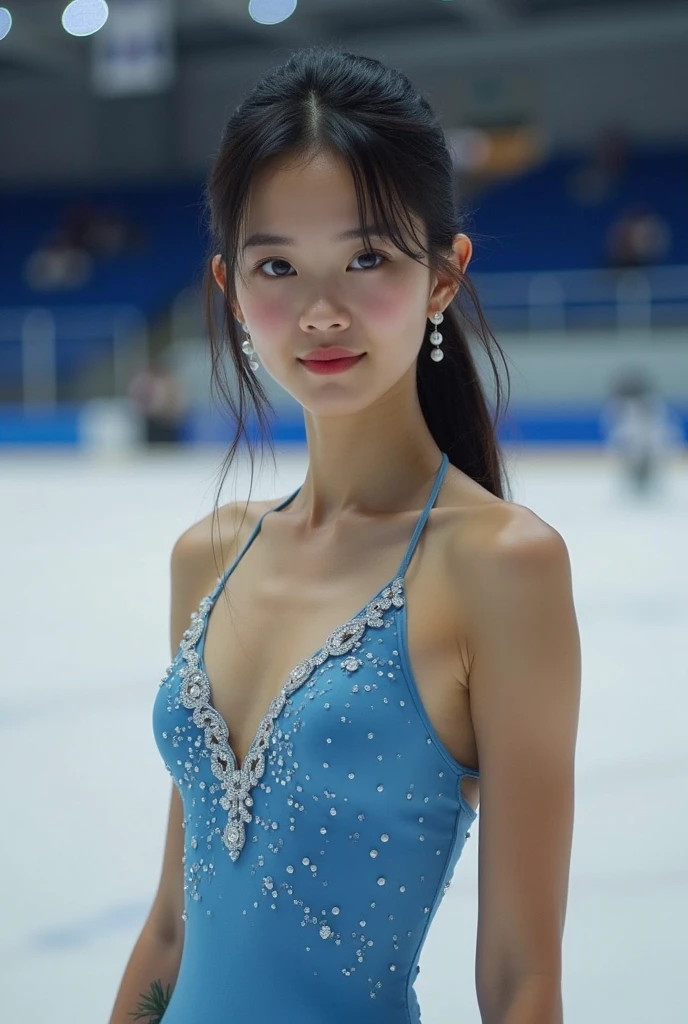 top quality, masterpiece, 8K, (finely detailed, raw photography:1.3), (photorealistic, professional photo, highest resolution:1.1), professional lighting, dynamic, depth of field, sharp focus, (perfect body, correct anatomy:1.5), (highly detailed face, hyper-realistic skin texture:1.2), (from front:1.4), 1 girl, ((figure skater:1.4)), Japanese girl, ((18 years old:1.3)), solo, full body shot, black hair, ponytail, short hair, (round outline of the face:1.5), fairly detailed skin, ultra-detailed eyes, ((narrow eyes:1.2)), dark eyes, ((baby face:1.1)), ((hyper-realistic nose and lips:1.3)), makeup, glossy skin, (smile:1.4), ((skating1.5)), (((light-blue leotard, mini skirt made of frill:1.2))), ((perfect body proportion:1.4)), (skinny:1.2), (medium breast:1.4), (((indoor, ice rink:1.4)))
