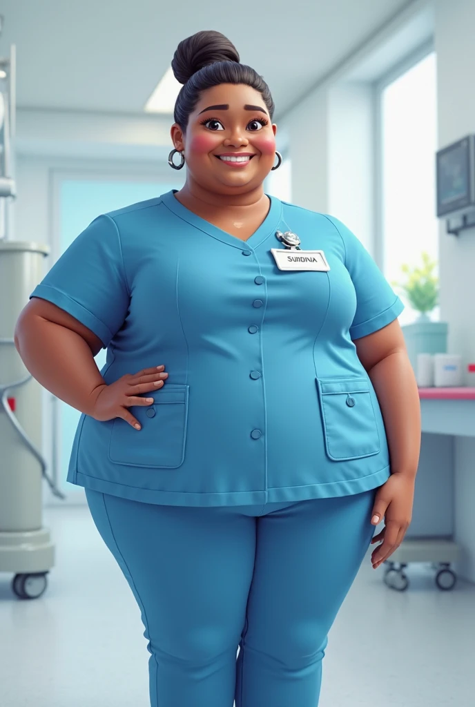With a thick body Generate an image of a dark black beautiful nurse in scrubs in a village setting