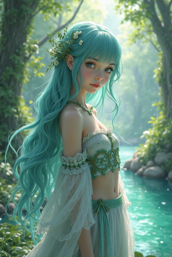 (masterpiece)8K分辨率、top-quality、Green Fairy、turquoise hair、Ash blue eyes、Hazel eyes、Delicate body、fantasy-inspired