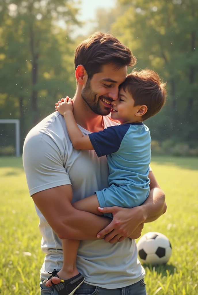 masterpiece, best quality, high resolution, The father lifts and hugs the male child high, male child has big butt, father groping male child butt, (daddy), black hair, the father wearing glasses, muscular father, laughing, standing in a park, soft light, comfortable tones, hyper-realistic, 8k, (detailed face), (Best quality, A high resolution, Photorealistic), Cinematic lighting, Masterpiece, RAW photo, Intricate details, hdr, depth of field, small male child