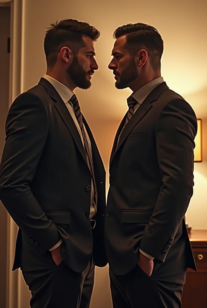 2 men, photorealistic, full view. Two young, muscular, handsome business men in suits, with huge bulges, with short, fade-cut hair, kiss and hug in a public bathroom stall. Sexy, love, embrace, masculine, NSFW.