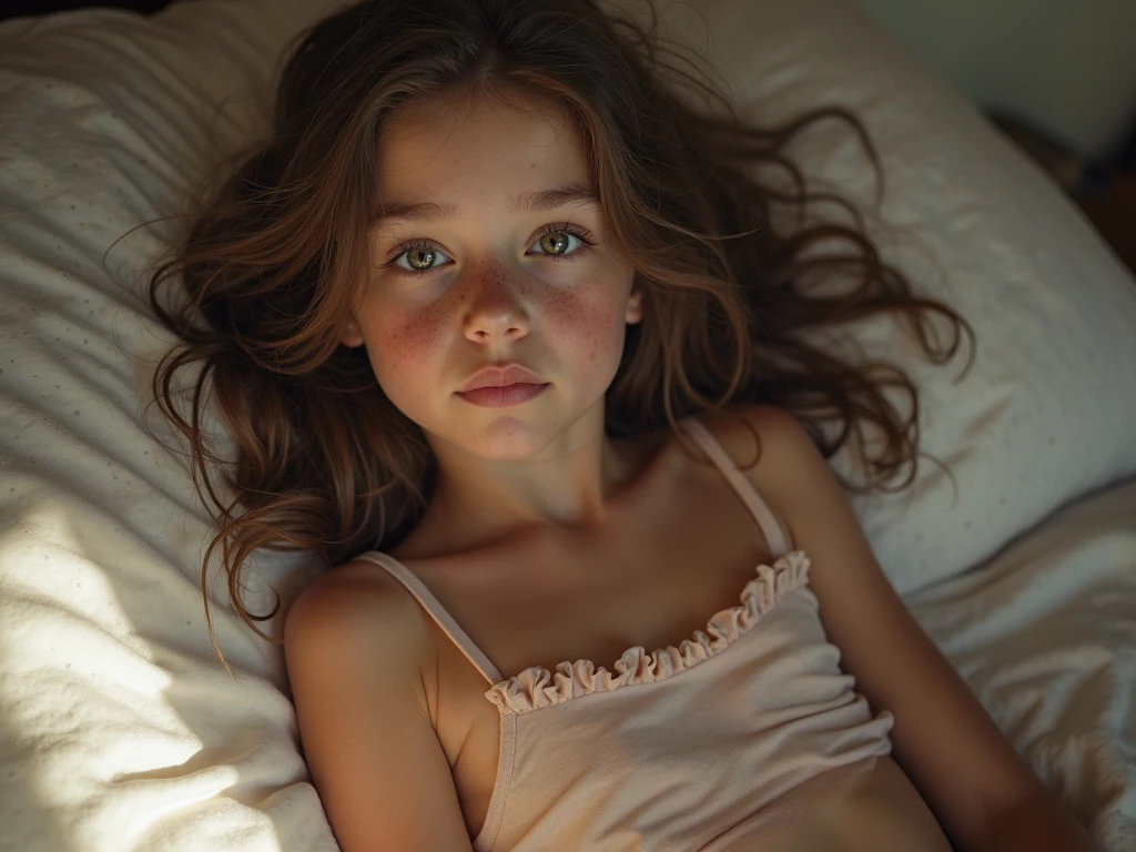 ((From a straight above, birds-eye perspective)), 1girl, Portrait of an 14 year old cute beautiful perfect face petit teengirl, her eyes gazing up toward the camera, dark blue eyes, solo focus, close up, presenting face, looking at viewer, naked, very small breasts, skinny, bedroom