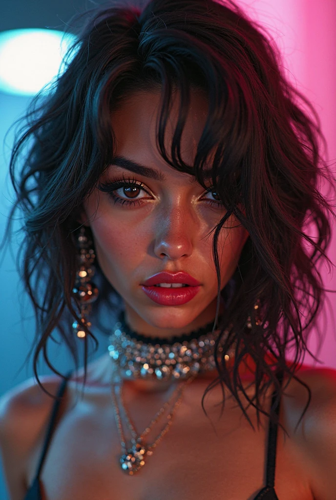 iranian woman, young, ?????, very curly mullet, septum piercing, dimples, thick belt around neck, naughty expression, woman laying on floor,, transparent purple shiny latex bodysuit, close-up, UHD, retina, masterpiece, accurate, anatomically correct, textured skin, super detail, high details, high quality, award winning, best quality, highres