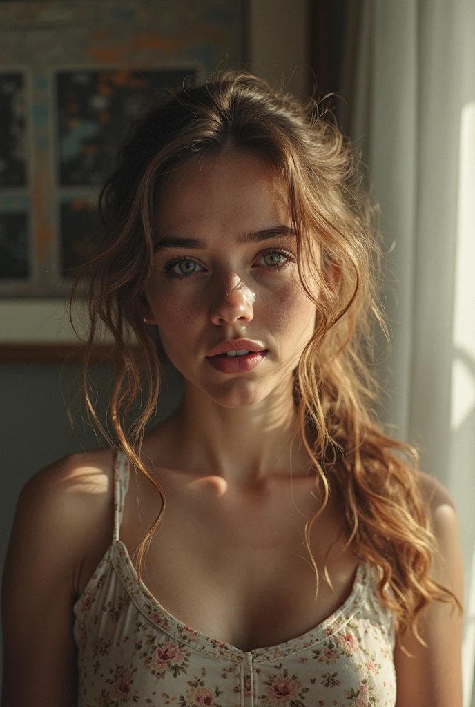 (a detailed portrait RAW photo of a gorgeous beautiful ((German)) , realistic, solo, side view, POV, looking in camera, intense stare, (masterpiece),(photorealistic:1.3), nfsw, ultra-detailed, (high detailed skin:1.2),(best quality:1.0), (ultra highres:1.0), fit, back light, slim, beautiful, Wearing a halter neck bra, revealing clothing, red and black lace bra, long hair, messy hair, 2 strands of hair tendrils, bangs, Captured from an above view angle, The scene set on bed. Best quality, 4k, Masterpiece :1.3), pretty woman, 1girl, (breasts, attractive body :1.2), abs :1.1, red brown hair: 1.1, makeup, black eyeshadow, black eyeliner, black mascara, red blush, ultra-detailed face, detailed lips, mouth closed, red lipstick, detailed eyes, bright green eyes, double eyelid, (sweaty body, sweating, wet body :1.2), (wet clothing), (wet hair), legs wide open, sprawled on bed
