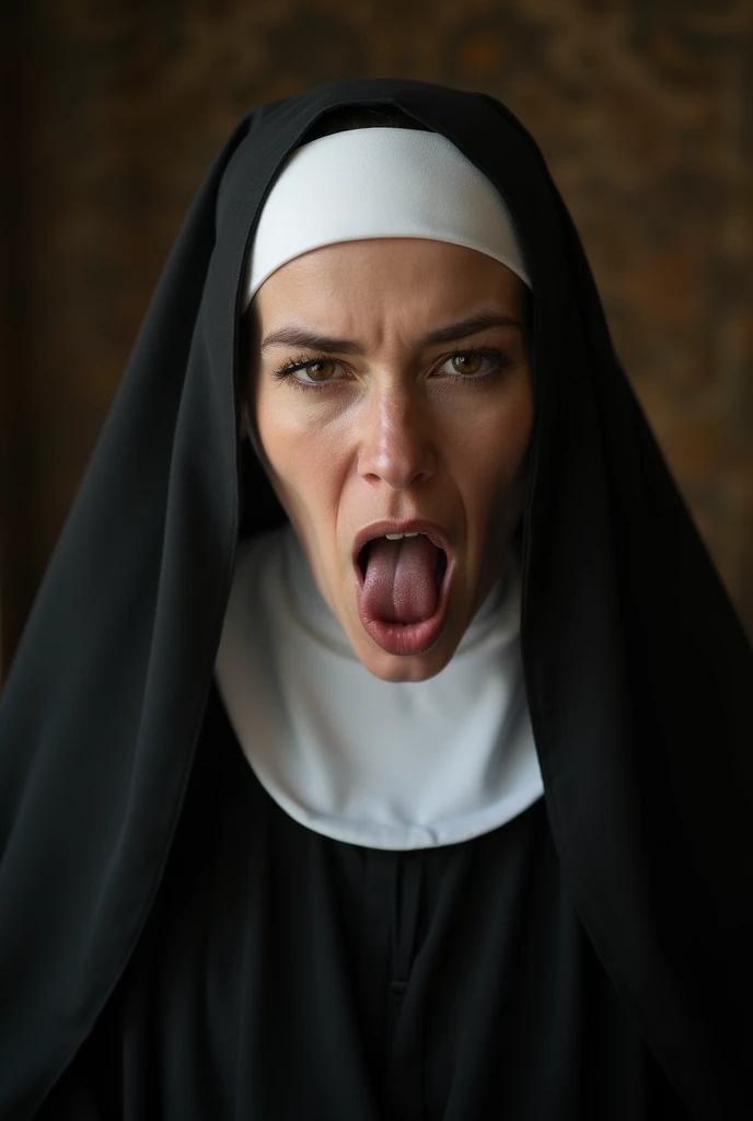 Beautiful and cute nun, she kneels and looks up at the ceiling with her hands folded in front of her chest, eyes closed and mouth wide open, Her mouth is full of colorless mucus and colorless mucus drips from her mouth, She is filled with happiness, beautifully detailed mouth, detailed teeth, detailed colorless mucus, from above, close-up, beautifully detailed face and body, precise crossed hands, beautifully detailed eyelids, large detailed breasts, on the altar of the chapel, erotic, sensual, professional photography, dramatic lighting, warm colors, dramatic pose, sultry expression, flawless skin, strong shadows, highlights, volumetric lighting, hyper realistic, photorealistic, chiaroscuro, cinematic, 8k, anatomically correct, textured skin, UHD, masterpiece, best quality, 8k, 16k