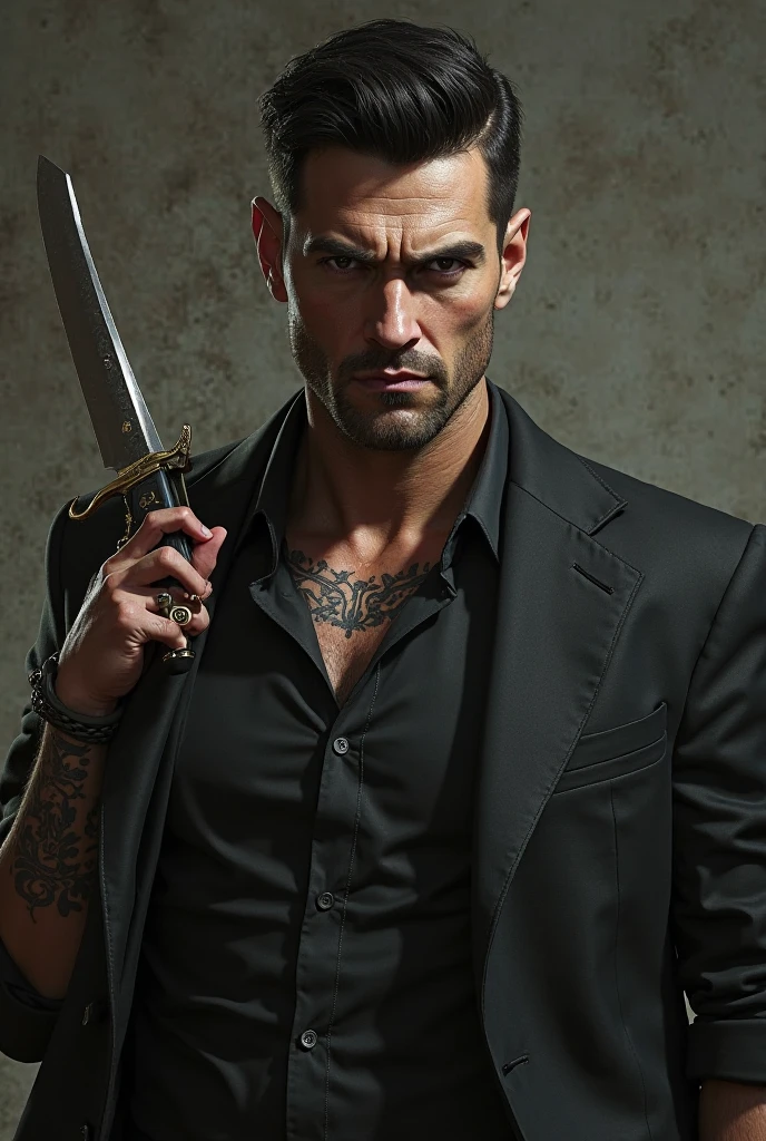 A photo of Reaper sharpening his signature blade in the armory,original,Jason “Reaper” Donovan was an imposing figure, standing at 6’5” with a muscular build, embodying the quintessential outlaw biker. His body was adorned with tattoos, each symbolizing a chapter of his turbulent life. A distinctive scar running down his left cheek and cold, piercing eyes added to his intimidating presence. Reaper’s rugged, weathered features spoke of a life lived on the edge, far removed from ordinary society., male
