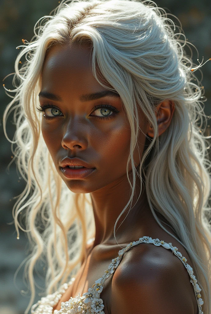 Make one with black skin and freckles that look like stars, she has white hair and bangs, she is on the beach playing volleyball, wearing an embroidered bikini, high resolution, gray eyes,breastsout,
