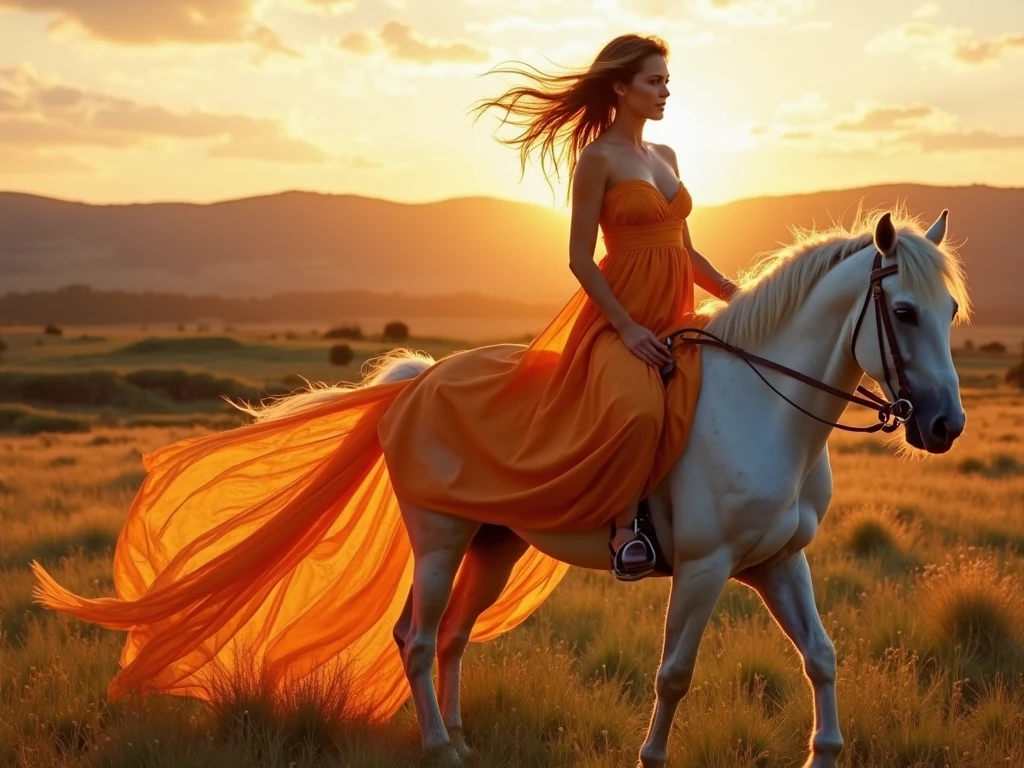 A beautiful curvy redhead woman in a gold dress riding a white horse in a green field at sunset