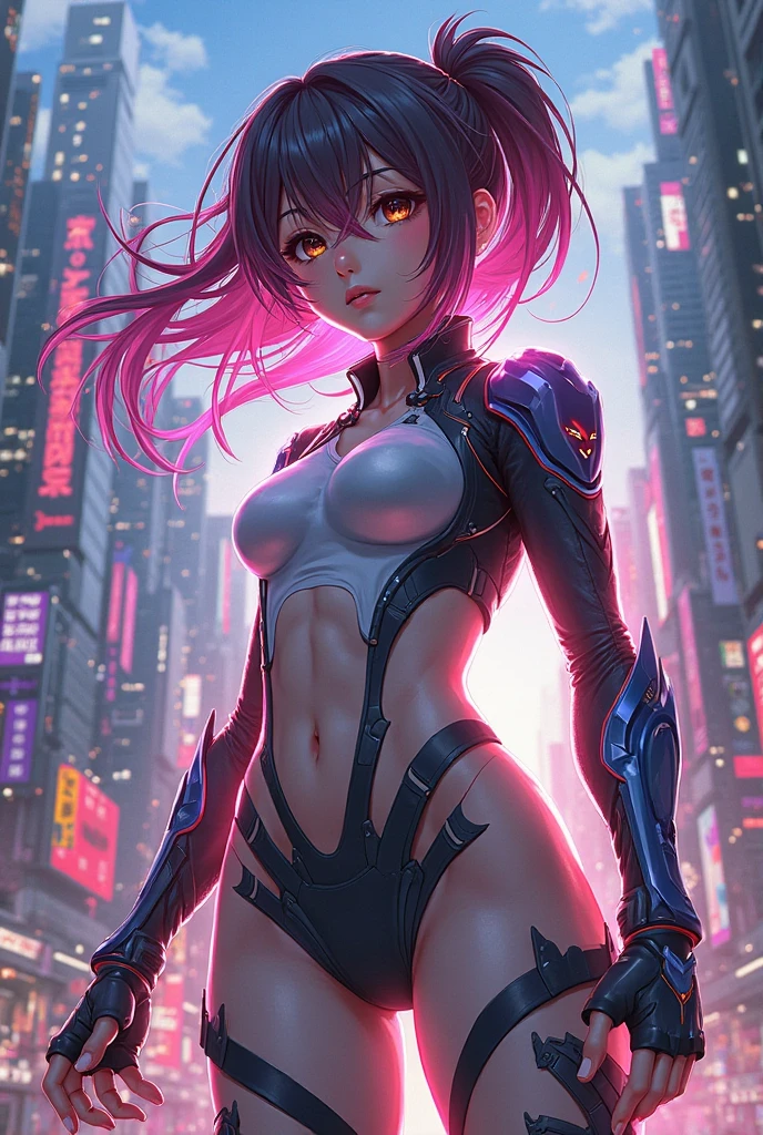 Nikkei 2D,tmasterpiece,HighestQuali,Need,A high resolution,1girll,Post-apocalypse,Wasteland,High ponytail,Purple colored hair,black undersuit,fullnude,katana swords,城市,nighttime scene,RTX,Dingdall effect,complexdetails,