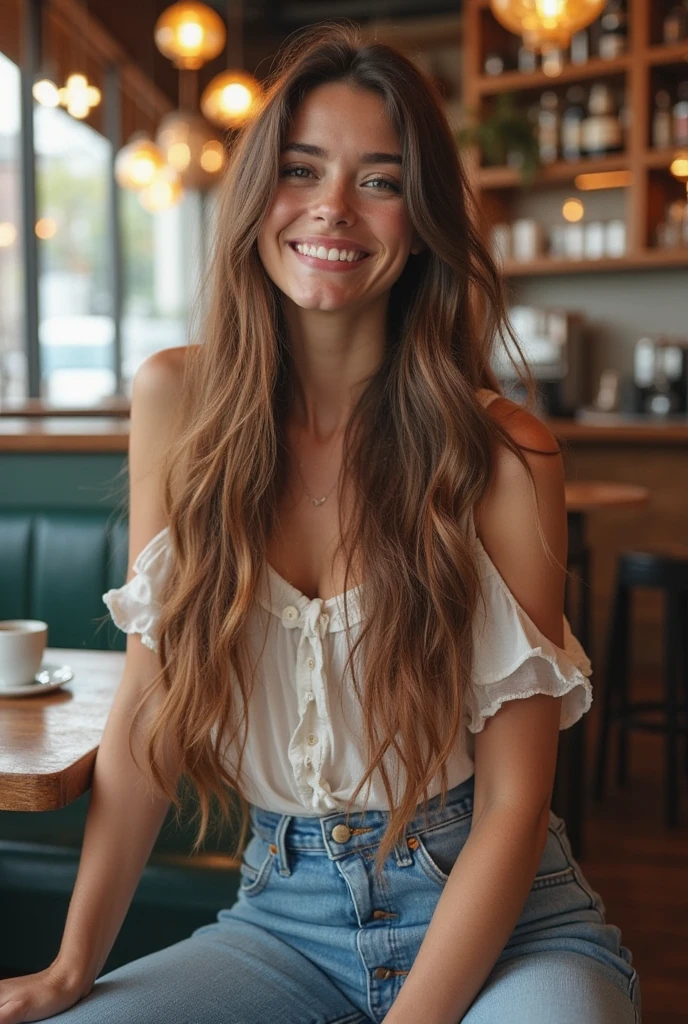 Irish woman, pretty wavy red hair, in a cafe sitting at a table
