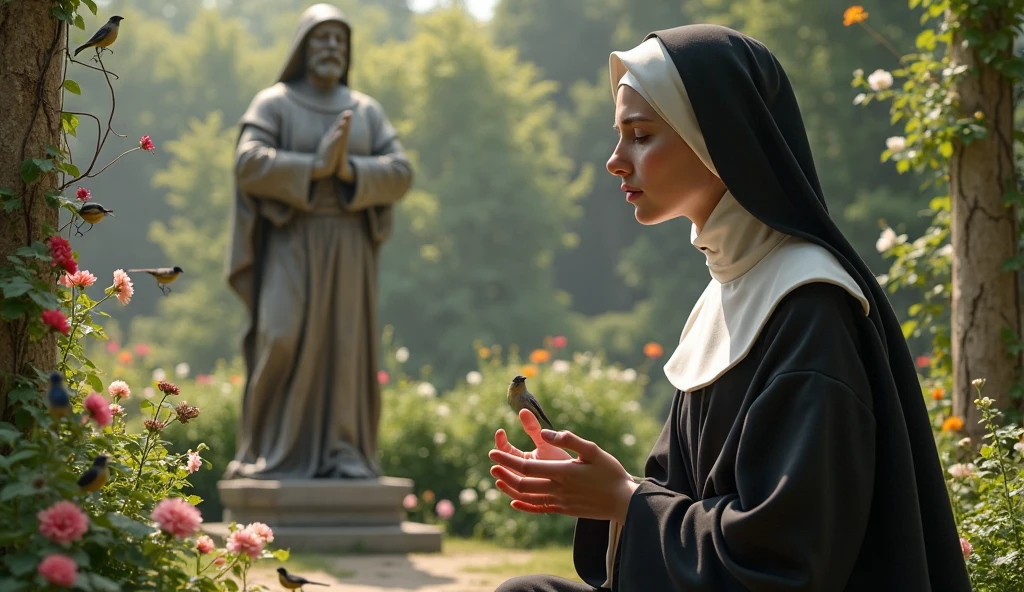 A scene of the Nun of Monza in a secluded convent garden, surrounded by tall, overgrown hedges and ancient statues. She is sitting on a stone bench, holding a rosary, with a distant look in her eyes. The garden is lush and slightly wild, with a sense of solitude and hidden secrets. The image has a soft, almost ethereal quality, with gentle light filtering through the trees