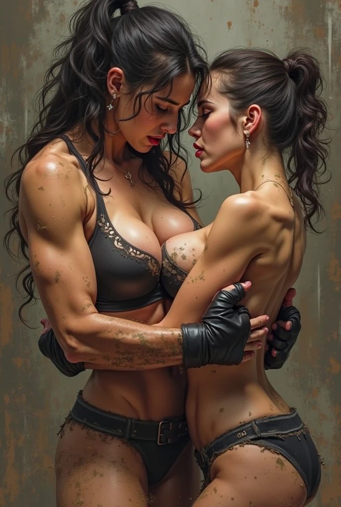 35 year old mafia man with large arms and pecs short hair shaved on the sides, with marked abs next to a beautiful woman with an exaggeratedly large bust and buttocks. Long brown hair with a see-through outfit.