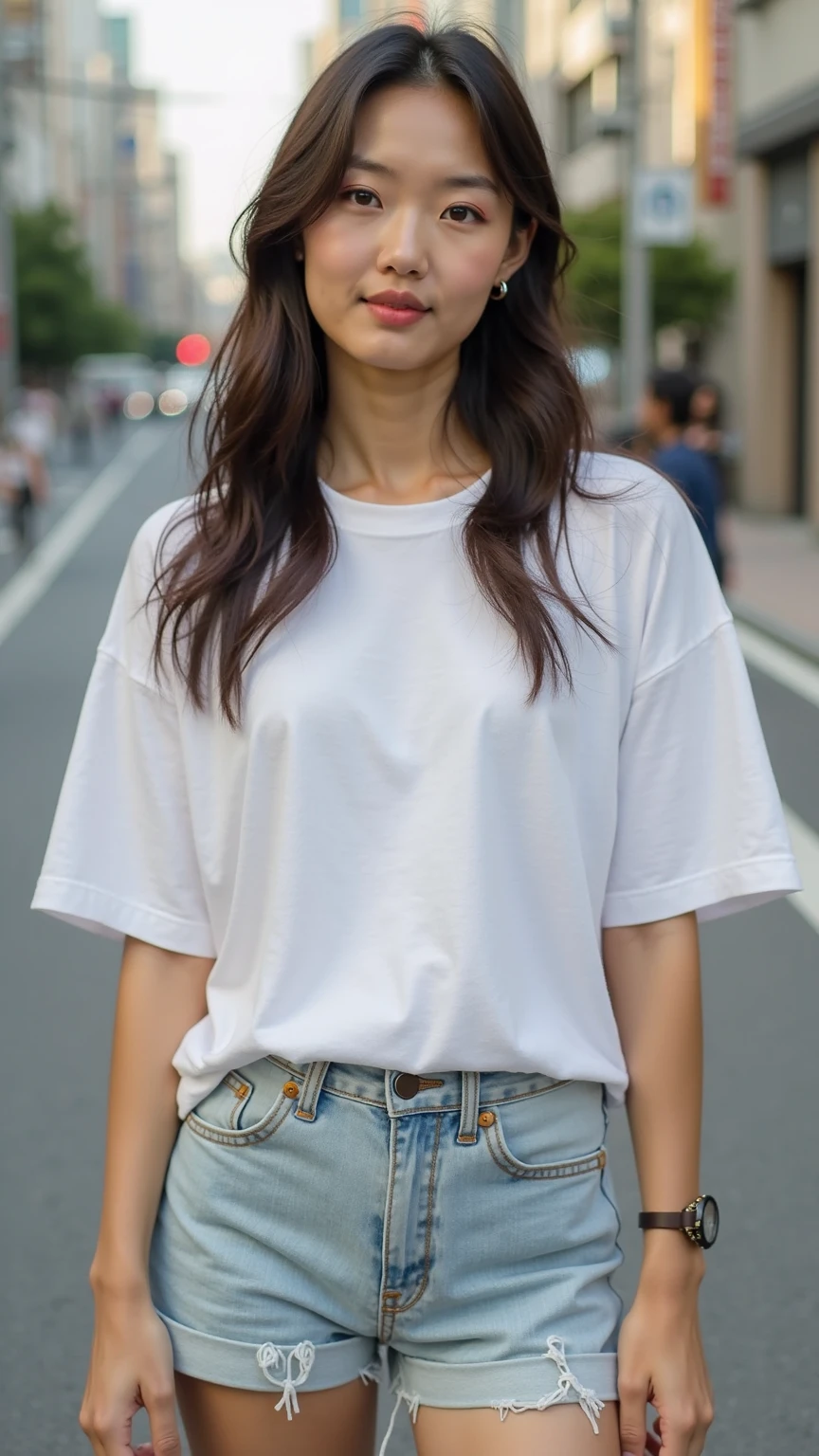 (Highly realistic photos, High resolution, Detailed face, Fine grain) Skinny Japanese woman, 40 years old, 1 girl, Cute Face, Mr.々Hair style, A slightly surprised look、A slightly surprised look、Thin body type, Very small breasts, Very small waist, A neat and clean woman, ((Plain T-shirt:1.5))、jeans, Casual clothing, on the road, Full body photo