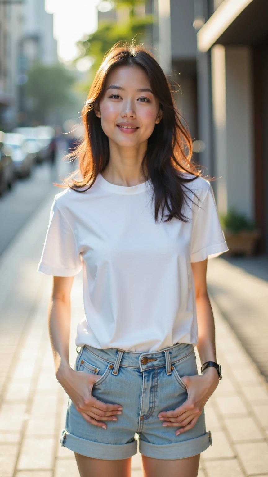 (Highly realistic photos, High resolution, Detailed face, fine grain) Skinny Japanese woman, 40 years old, 1 girl, Cute Face, Mr..々Hairstyle, A little surprised expression、A little surprised expression、Slim figure, Very small breasts, Very small waist, A clean-cut woman, ((Plain T-shirt:1.5))、jeans, Casual clothing, on the road, Full body photo