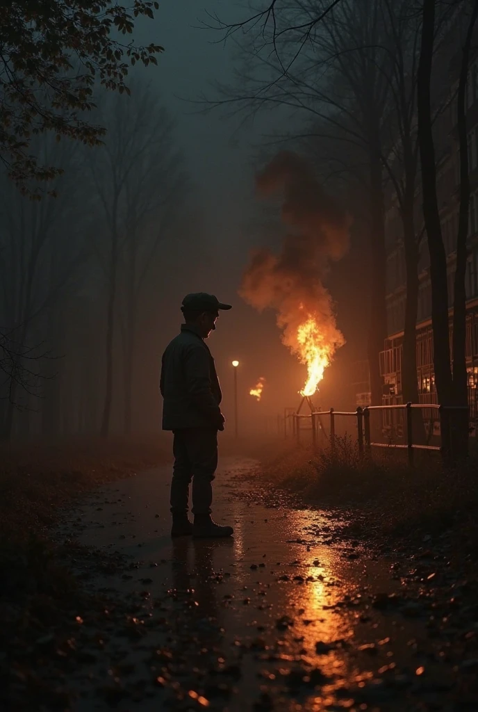 A boy with a hat, Only the silhouette of his face is visible thanks to the light of a campfire