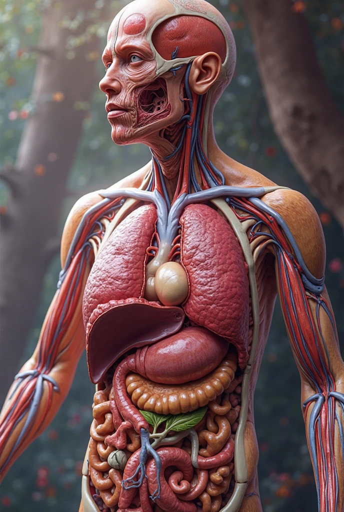 a detailed hyperrealistic human anatomy torso with partially transparent skin, revealing organs, muscles and skeletal system, 1 person, medical illustration style, gold abstract mandalas, petals blending seamlessly, neutral background, best quality, 8k, photorealistic, physically-based rendering, extreme detail description, studio lighting, sharp focus, ultra-fine painting, vivid colors gold brains, sandstorm death cinematic