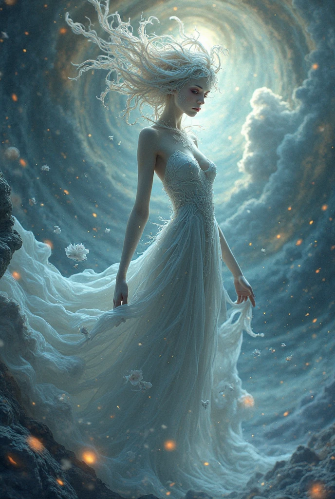 photorealistic full body image of a woman with full of wires floting in surreal scene, karol bak uhd, beautiful digital artwork, blonde girl in a cosmic dress and high heels, 8k highly detailed digital art, digital art fantasy, digital art fantasy art, gorgeous digital art, digital fantasy art ), detailed fantasy digital art, digital fantasy art, beautiful sci fi art, cyborg goddess in cosmos,cosmic surreal scenery
