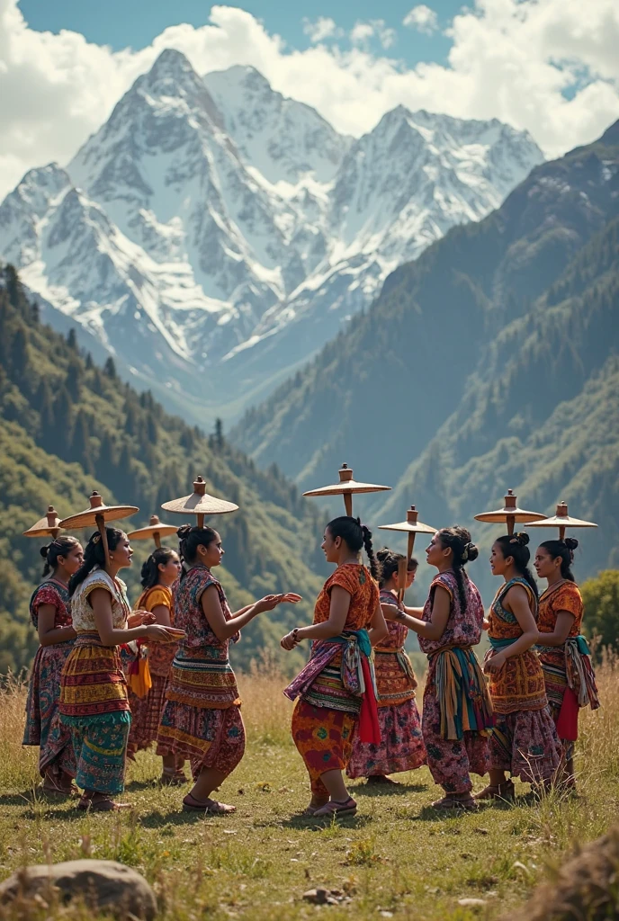 Capture a group of Manipuri dancers performing their traditional dance in the serene green hills of Sylhet. The dancers wear vibrant traditional attire, with women in colorful sarongs (sarongs) and elaborate headpieces, while the men wear dhotis and turbans. The scene is set during a cultural festival, with the rhythmic beat of drums and the soft melodies of traditional Manipuri instruments filling the air. The dancers' graceful hand movements and circular formations reflect the deep spirituality and connection to nature that this dance embodies. The lush landscape of Sylhet provides a stunning backdrop, emphasizing the harmony between culture and environment.This prompt focuses on the elegance of Manipuri dance and its deep cultural roots within the natural beauty of Bangladesh. realstic like canon mark three camera Used 8 k qulity