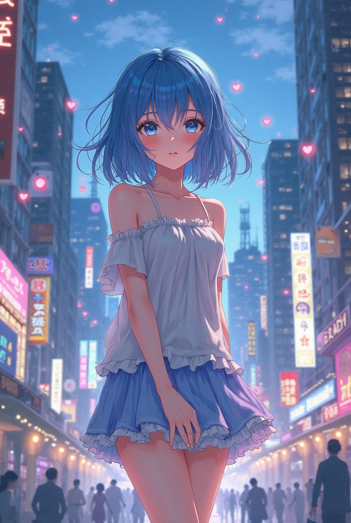 (extremely detailed 8k wallpaper),Complex, High detail, dramatic,8k,((masterpiece,ultra-detailed, Complex details, medium quality,figure)),One girl, alone, High resolution, View Viewer, (Brown Hair),Pastel blue hair, short hair,Black T-shirt,smile ,street, cherry blossoms, Petals falling, Sunlight shines in, solar system, feminine, Empowered, beautiful, detailed, blush, cute