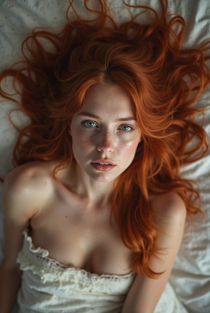 28 year old red head ginger girl, laying on a bed with her head on a pillow, slender, pale white skin, green eyes, camera man having a above view of her face, looking at the camera with a orgasmic look, green choker, green garter set