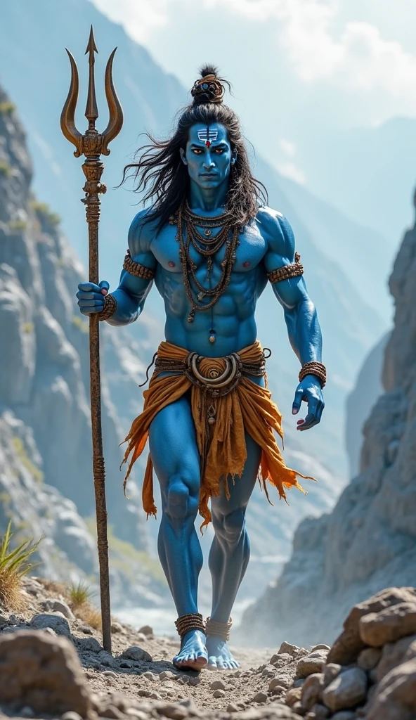 Include iconic symbols associated with Shiva, such as the trident (trishul), damru (drum), and sacred ash (vibhuti),hills