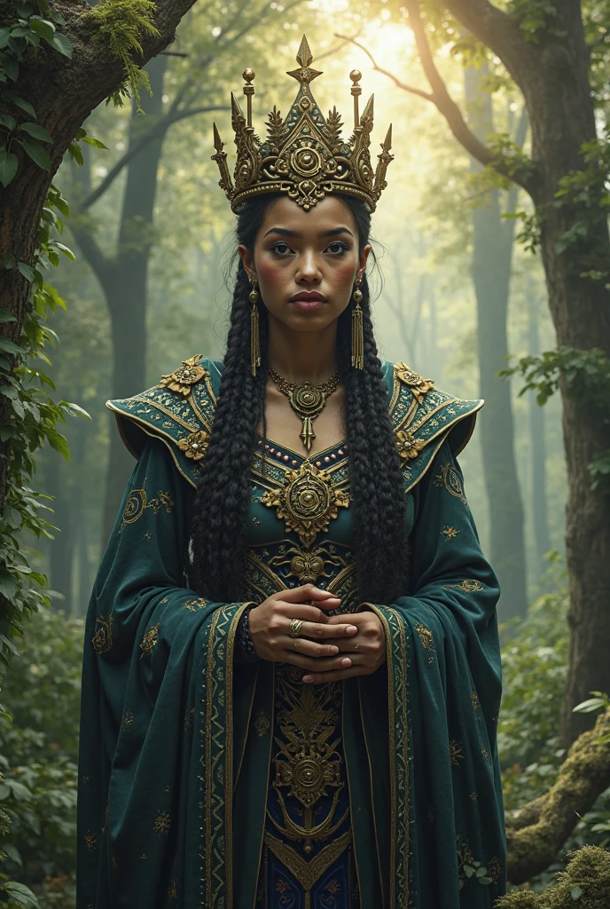 a dark sect in the forest, with a goddess with a diamond crown and fiery eyes levitating, green clothes with golden gold, the destroyed trees