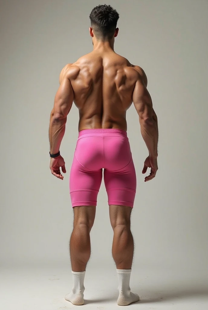 photorealistic, masterpiece, best quality, 2men, 2 male models posing together wearing skimpy pink booty shorts and pink crop top. modeling for a photoshoot, editorial style, handsome men,