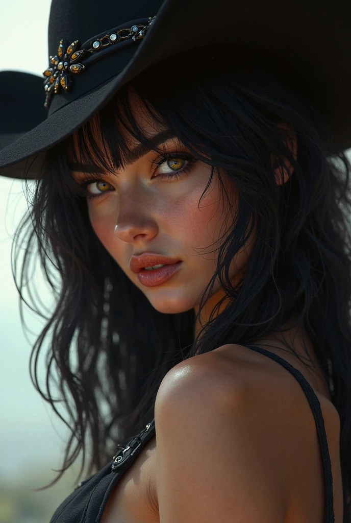 (hyperrealism, sharp images, photorealistic) (point of view from her thighs) (head to toe portrait), (highly detailed face:1.4), (highly detailed skin:1.4), (20 years old woman) (she has very black wavy hair, white skin) (breast size: 1.3), detailed hd beautiful dark green eyes, lips marked with red lipstick, flirtatious look, big light green eyes, bold black eye shadows, huge eyelashes, (wears 80's mafia style clothes with suspenders (in brown and cream colors, in sober tones) her clothes are translucent, she wears a hat) (She's Sexily Lying On The Hood Of An Antique Black Mafia Car) (brown tones atmosphere)