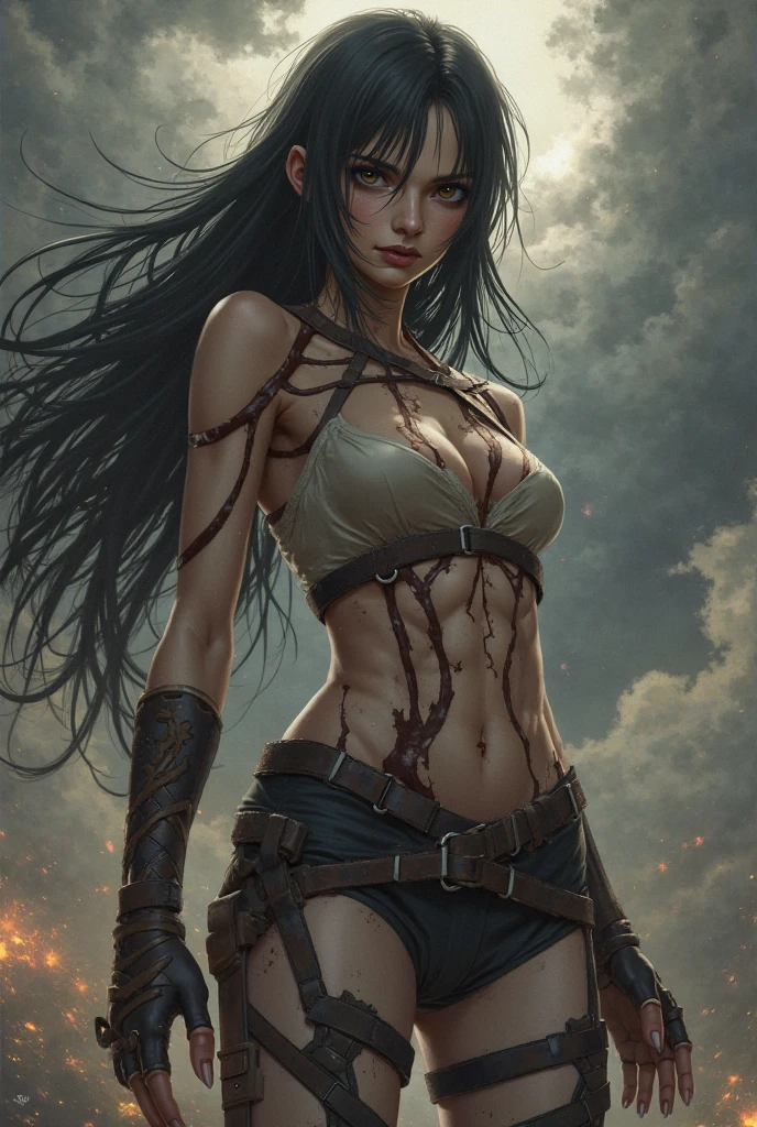 full body, Brave wasteland punks fight hand in hand in a wasteland full of traps。The camera zooms in on the woman,Wet top,The chest contour is pronounced,Firm nipples,Capture her determination。The young woman had a protective expression on her face,Wear makeshift armor and patch clothing。As the zoom progresses,The focus shifts to her hand,Textures of wear and weathering symbolize her journey and the hardships she endured are highlighted。This message is realized in the mixed media sculpture style,Combining elements of metalwork and textile art,Represents the character and its resilience in three dimension, nsfw:1.1, exposed breast, boobs, (europian face), expsed flesh, exposed navel