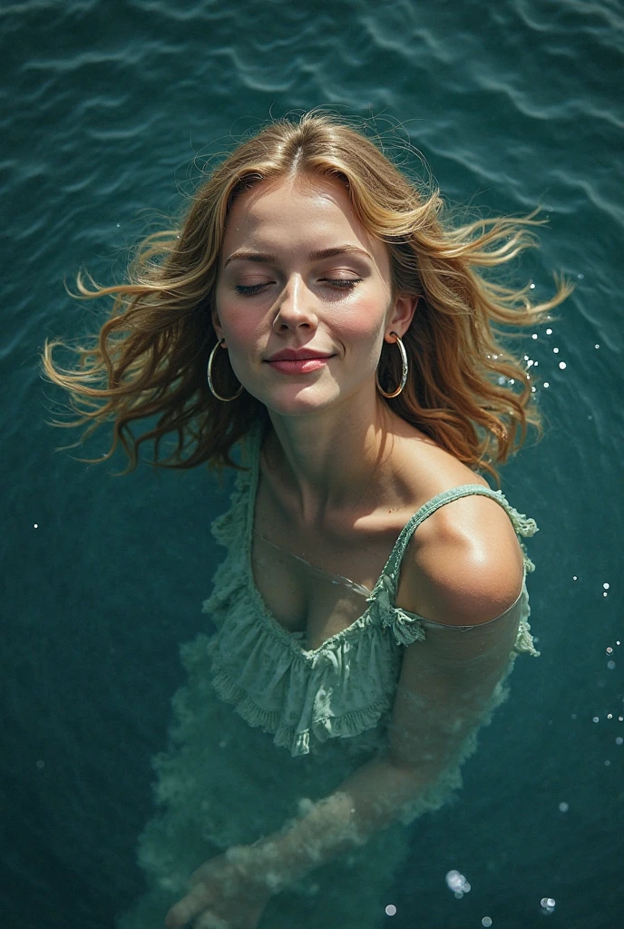 (wet situation), perfect photo of a beautiful blonde woman, (emerging out from water:1.3), wearing (wet golden satin shirt:1.3), long sleeves, (in ocean), (head and shoulders out over water:1.4), partially submerged, (bra visible through shirt), red skirt, (wet hair:1,3), smiling at viewer, photographed on a Fujifilm XT3, 80mm F/1.7 prime lens, cinematic film still, cinestill 500T, highly detailed, masterpiece, highest quality, intricately detailed, HDR, 16k, uhd, photorealistic