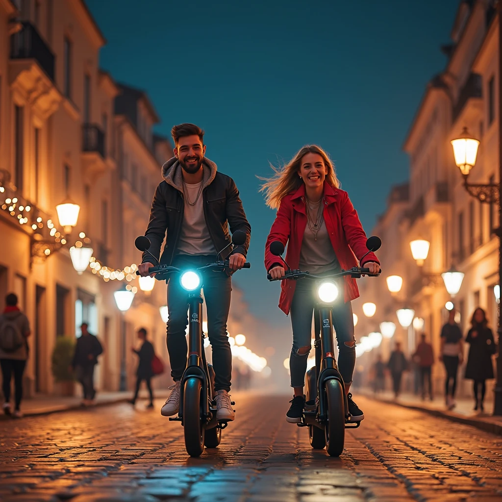 A boy and girl with bycicle fully covered face helmets on clicking a selfie at night time