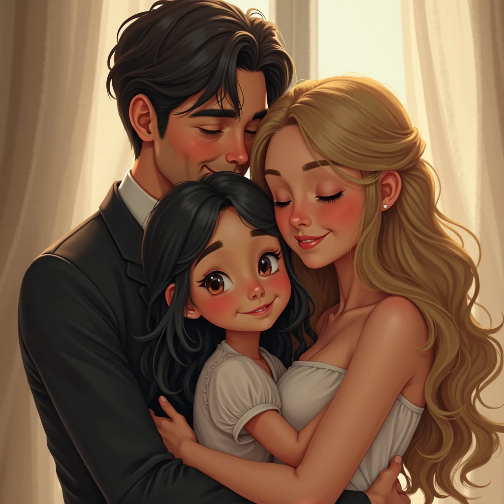 Create a Disney-style drawing with three people.
a straight couple, the couple is blonde and a sad brunette girl in the background because the guy is leaving with another..