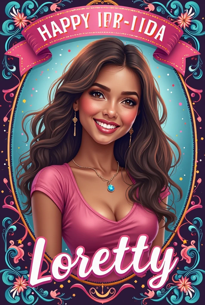 Create a barbie-style caricature of a woman with wavy brown hair down the middle of her back and brown eyes with a cake that says happy birthday Ivania in the background ,and on the cake 37 years pink dress with lace sleeves