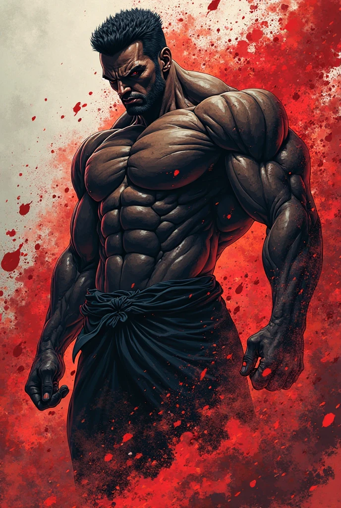 (highres,best quality,anime),(black,strong muscular build) anime character, detailed facial features, intense expression, dynamic pose, vibrant colors, dark background, dramatic lighting